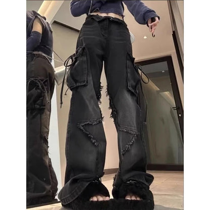 Cross-border Spring and Autumn American Retro Star Jeans Women's Multi-pocket Strap High Street Loose Straight Tooling Jeans