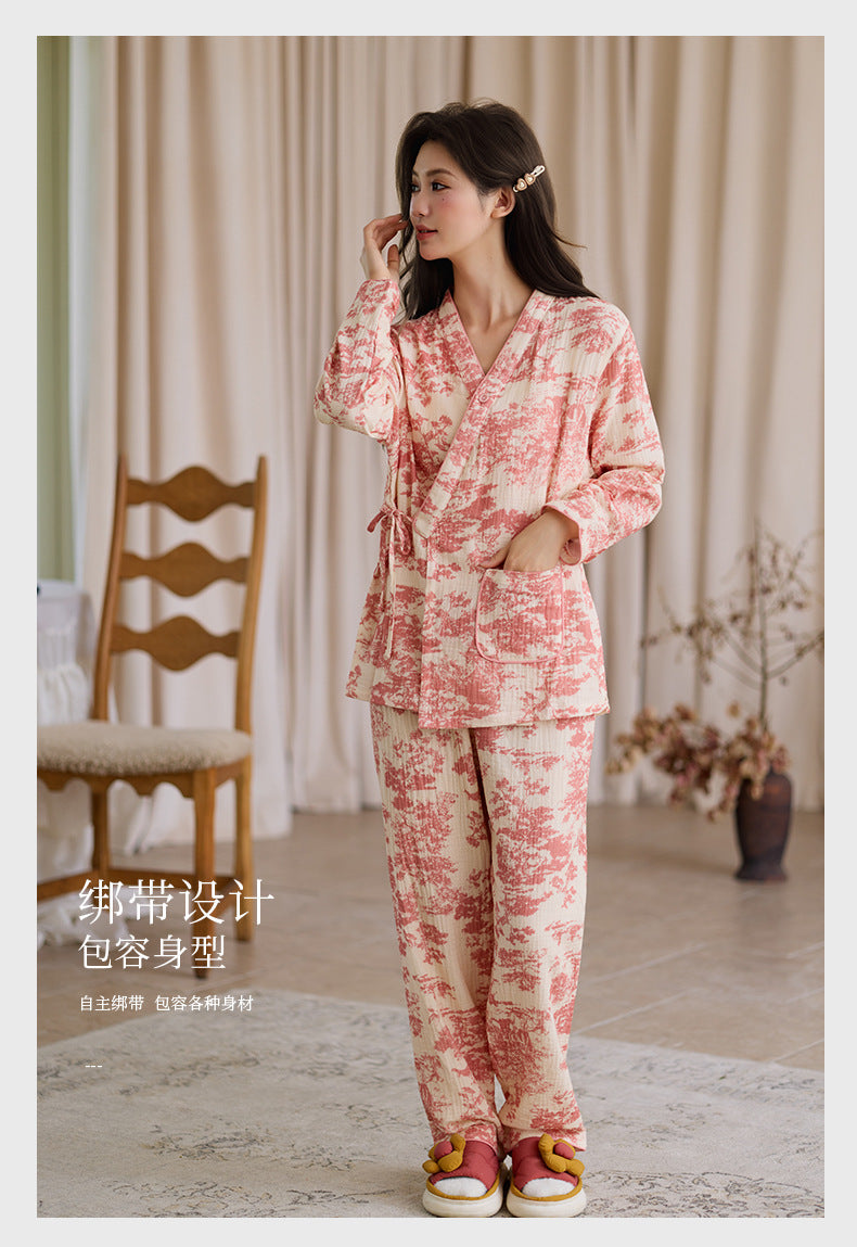 New Chinoiserie Pure Cotton Double-Layer Cotton Gauze Women's Pajamas Spring, Autumn and Summer Thin Long-Sleeved Lace-Up Home Clothes Set