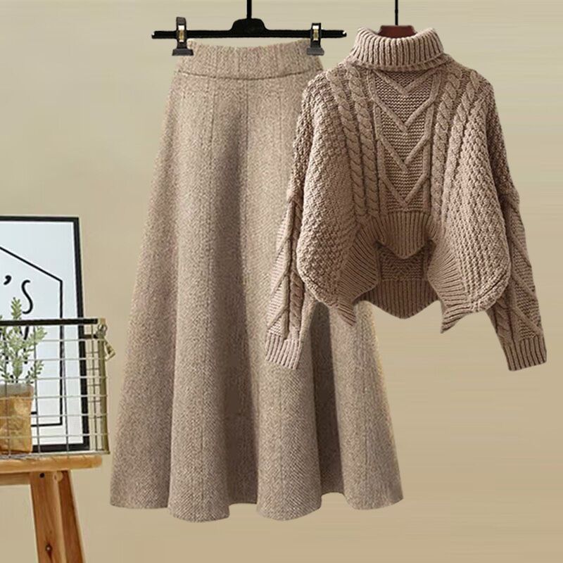 Autumn and Winter Women's Suit 2025 New Design High-Neck Knitted Sweater and Slimming Skirt Two-Piece Set
