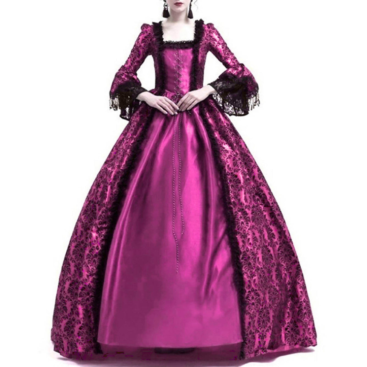 New Large Size Retro Palace Medieval Dress with Lace Splicing and Bell Sleeves for Women's Stage Performance, in Stock