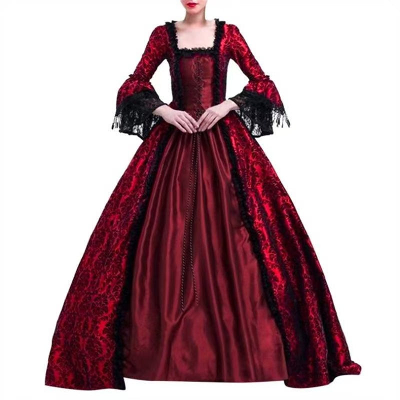 New Large Size Retro Palace Medieval Dress with Lace Splicing and Bell Sleeves for Women's Stage Performance, in Stock