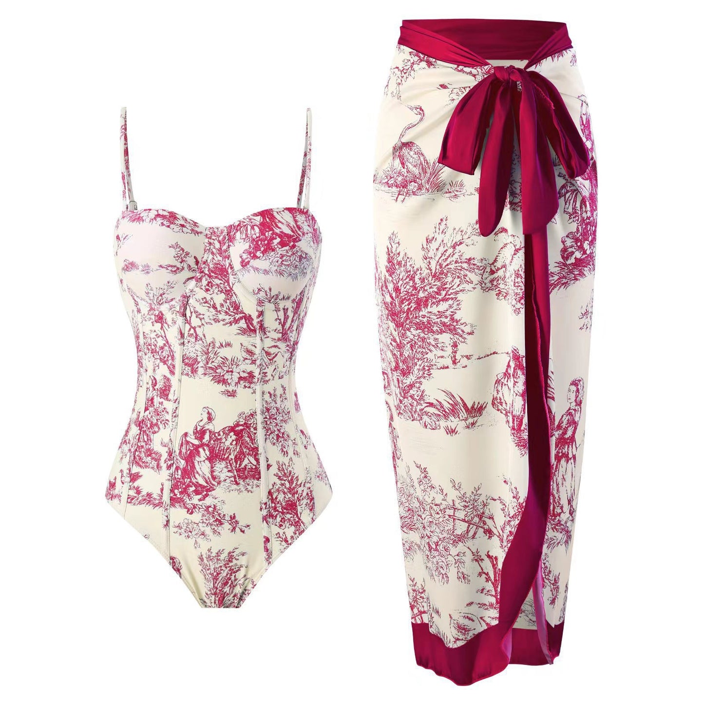 2025 European and American New Style One-Piece Swimsuit for Women, Slim-Fitting, Retro Tie-Up, Sun-Protective Long Skirt Two-Piece Set, Hard-Packed Swimsuit
