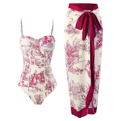 2025 European and American New Style One-Piece Swimsuit for Women, Slim-Fitting, Retro Tie-Up, Sun-Protective Long Skirt Two-Piece Set, Hard-Packed Swimsuit