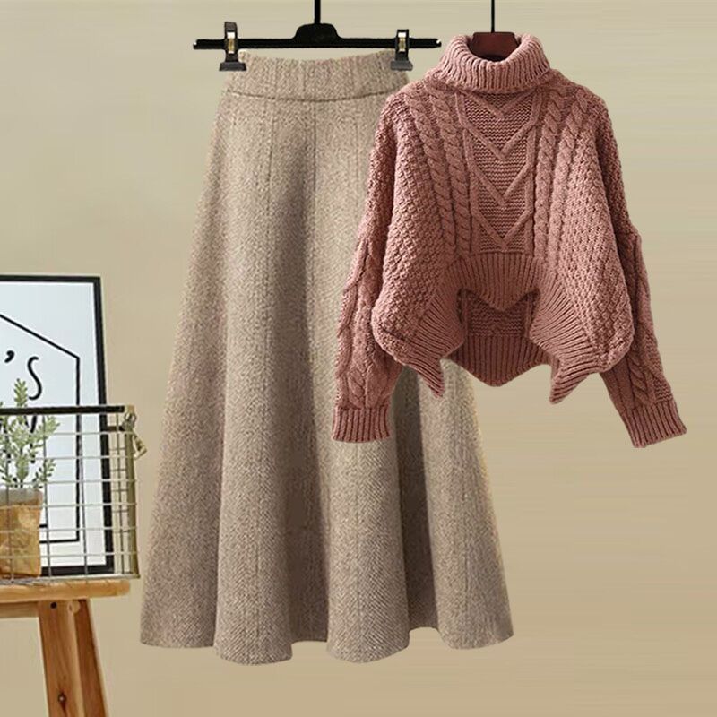 Autumn and Winter Women's Suit 2025 New Design High-Neck Knitted Sweater and Slimming Skirt Two-Piece Set