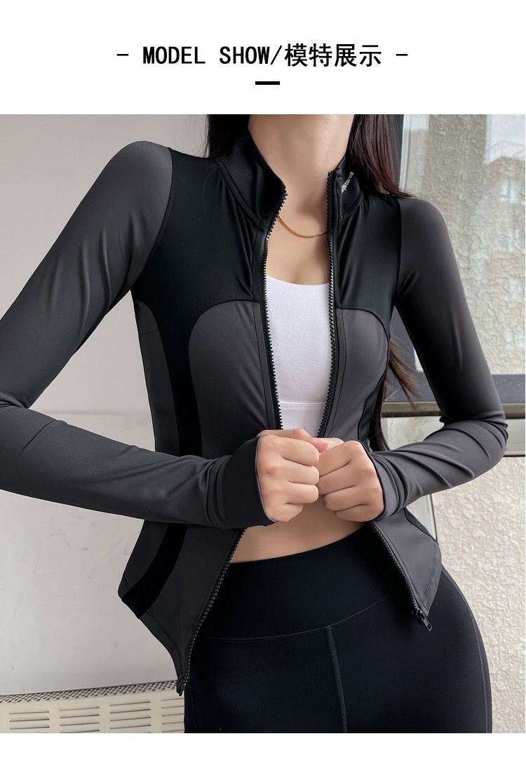 Autumn and Winter Slim Stitching Sports Jacket Women's Tight-Fit Vertical Collar Zipper Fitness Jacket Stretch Top Yoga Clothes Long Sleeve