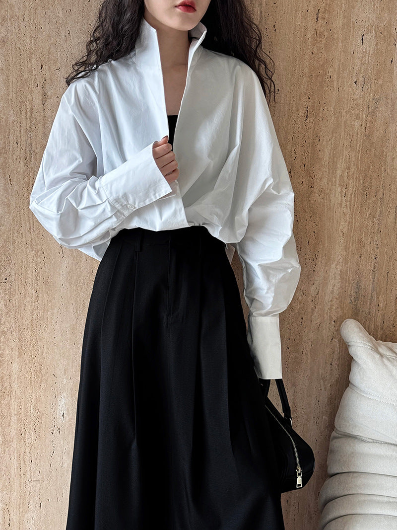 Luxi profile stacked stand collar deep V-neck white shirt Women's lazy batwing sleeve elegant large commuter shirt 9618
