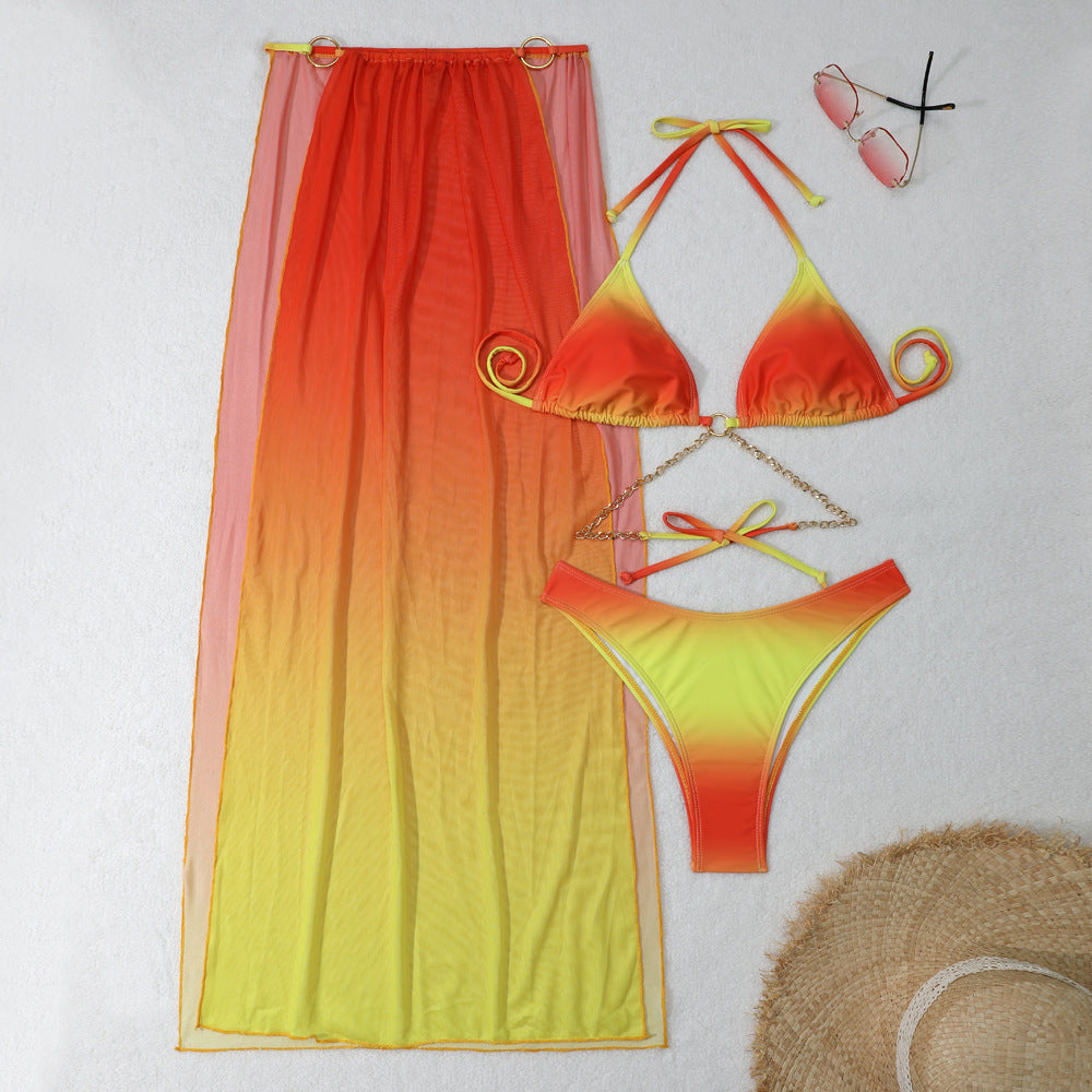 2025 European and American New Gradient Mesh Long Skirt Drawstring Strap Bikini Bikini Three-Piece Swimsuit Cross-Border
