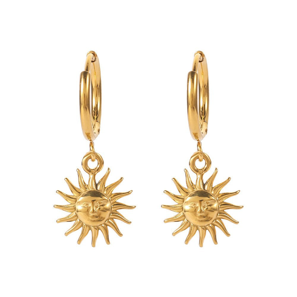 French Retro Titanium Steel Earrings, High-End 18K Gold Non-Fading Fashionable Earrings, Sun Pendant Earrings, Jewelry