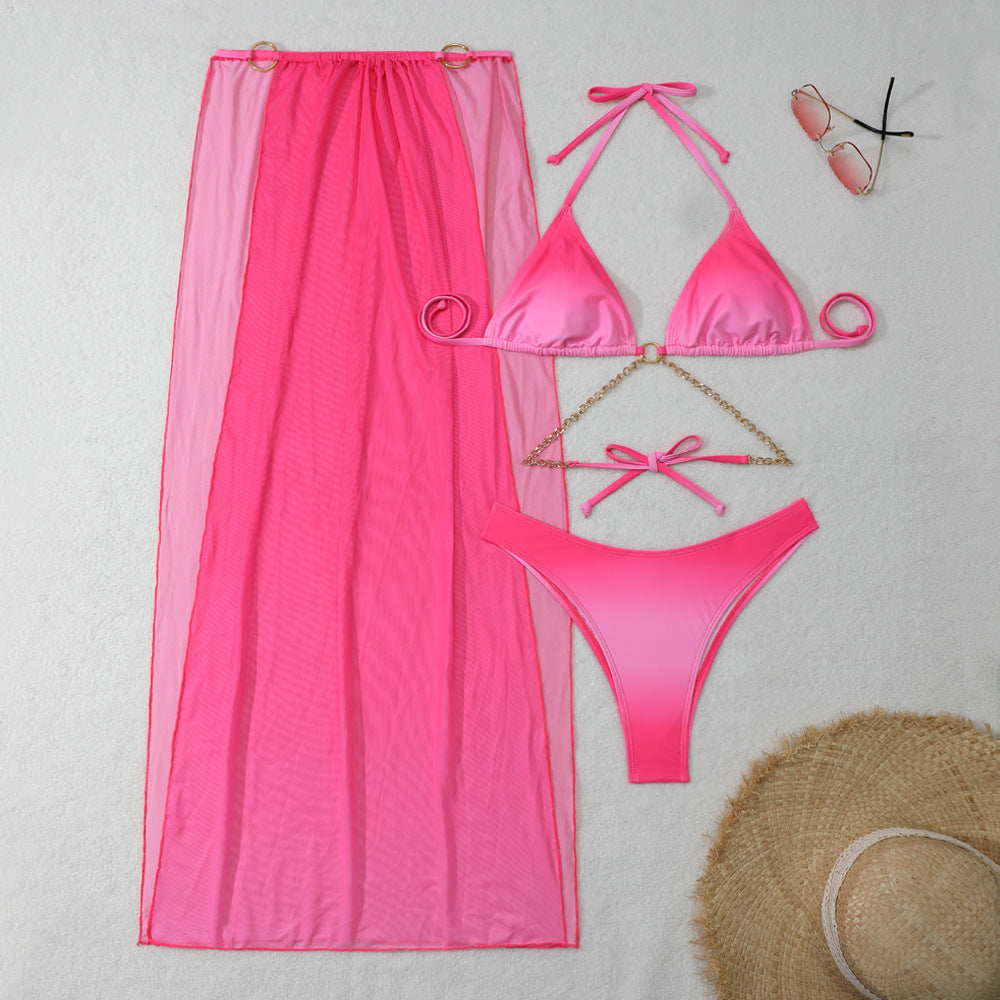 2025 European and American New Gradient Mesh Long Skirt Drawstring Strap Bikini Bikini Three-Piece Swimsuit Cross-Border