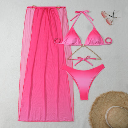 2025 European and American New Gradient Mesh Long Skirt Drawstring Strap Bikini Bikini Three-Piece Swimsuit Cross-Border