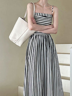 Luxi Elegant V-neck Sleeveless Kink Waist dress Women's Slimming Irregular High-end Hong Kong-style Long Skirt 3985