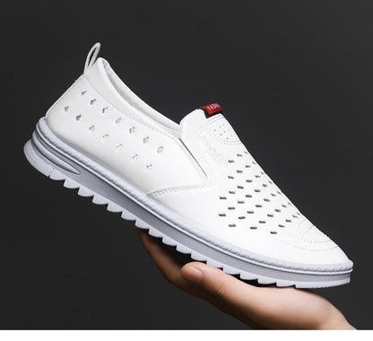 Men’s Breathable Leather Slip-On Shoes – Hollow-Out Perforated Summer Business Casual Loafers, Soft & Comfortable Low-Top Footwear