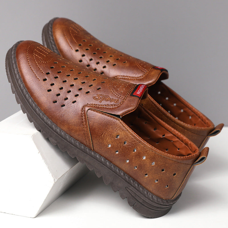 Men’s Breathable Leather Slip-On Shoes – Hollow-Out Perforated Summer Business Casual Loafers, Soft & Comfortable Low-Top Footwear