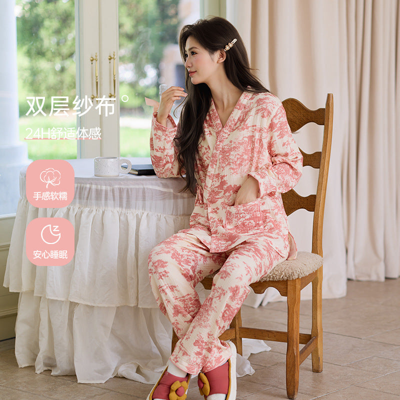 New Chinoiserie Pure Cotton Double-Layer Cotton Gauze Women's Pajamas Spring, Autumn and Summer Thin Long-Sleeved Lace-Up Home Clothes Set