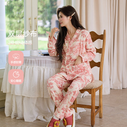 New Chinoiserie Pure Cotton Double-Layer Cotton Gauze Women's Pajamas Spring, Autumn and Summer Thin Long-Sleeved Lace-Up Home Clothes Set