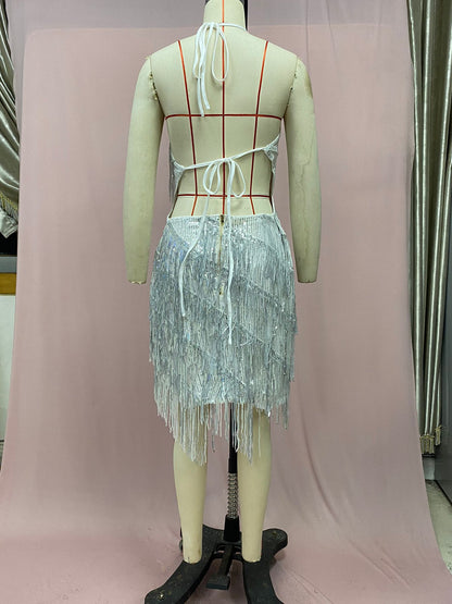 2025 Cross-Border European and American Independent Station New Direct Selling Halter Tassel Backless Hip-Covering A-Line High-Waisted Short Skirt Dress