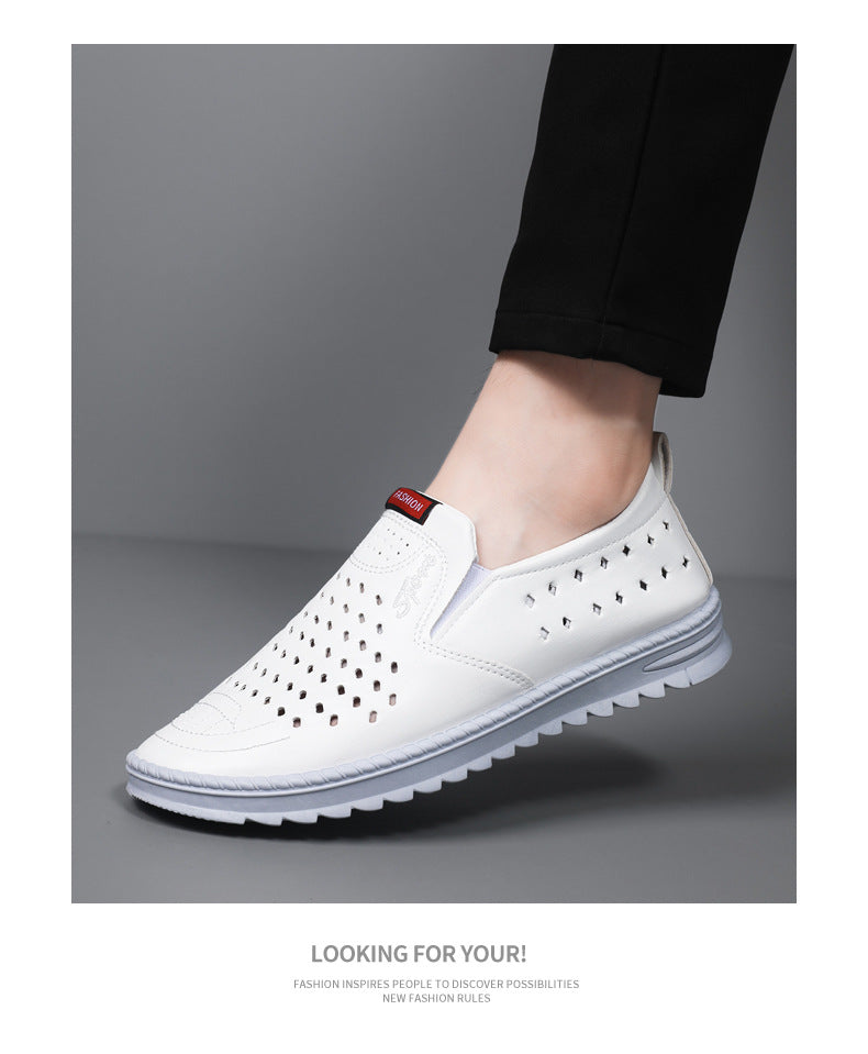 Men’s Breathable Leather Slip-On Shoes – Hollow-Out Perforated Summer Business Casual Loafers, Soft & Comfortable Low-Top Footwear