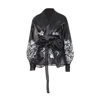 French-Style Elegant Printed Blouse 2026 Summer New Organza Large Lapel Lantern Sleeve Waist-Cinching Tie Shirt for Women