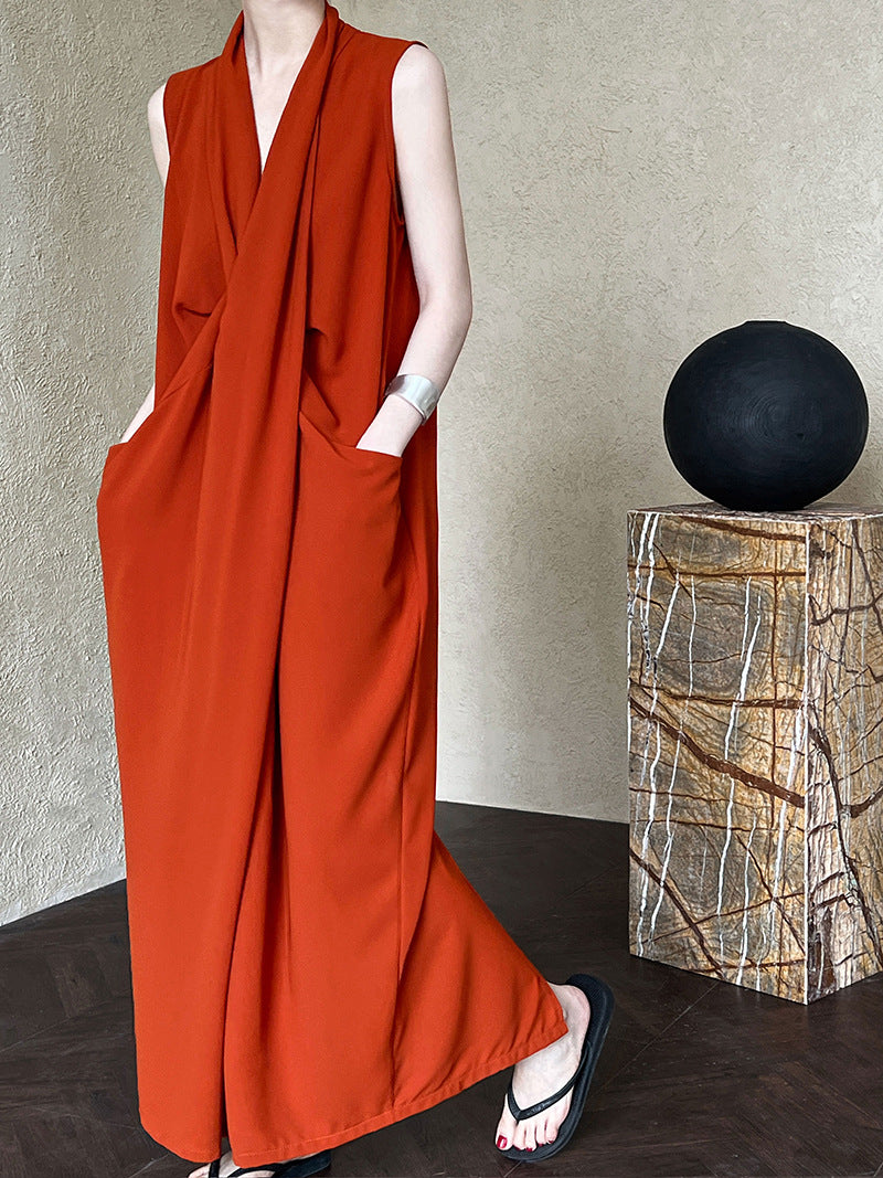Luxi Elegant V-neck Sleeveless Kink Waist dress Women's Slimming Irregular High-end Hong Kong-style Long Skirt 3985