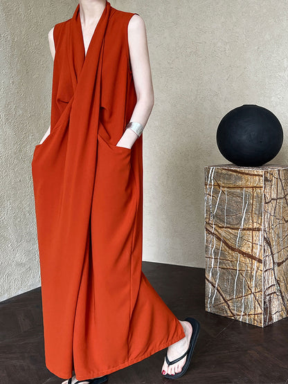 Luxi Elegant V-neck Sleeveless Kink Waist dress Women's Slimming Irregular High-end Hong Kong-style Long Skirt 3985