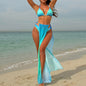 2025 European and American New Gradient Mesh Long Skirt Drawstring Strap Bikini Bikini Three-Piece Swimsuit Cross-Border