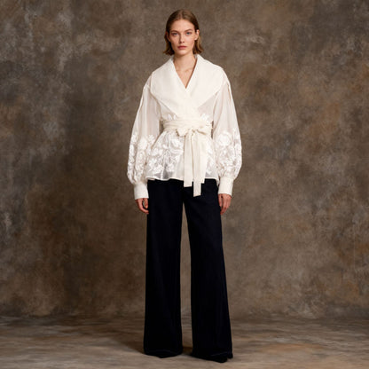 French-Style Elegant Printed Blouse 2026 Summer New Organza Large Lapel Lantern Sleeve Waist-Cinching Tie Shirt for Women