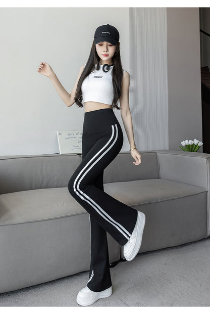 Plus Size Shark Bell Bottoms Spring Pants Women's Outer Wear Boot-Cut Pants Shark Pants High Waist Slim Side White Striped Women's Pants
