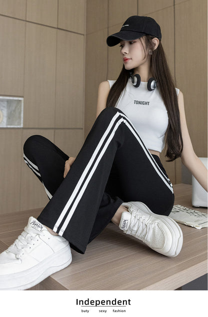 Plus Size Shark Bell Bottoms Spring Pants Women's Outer Wear Boot-Cut Pants Shark Pants High Waist Slim Side White Striped Women's Pants