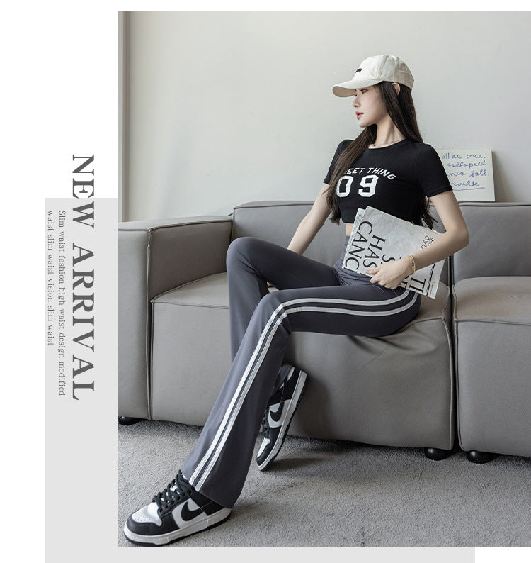 Plus Size Shark Bell Bottoms Spring Pants Women's Outer Wear Boot-Cut Pants Shark Pants High Waist Slim Side White Striped Women's Pants