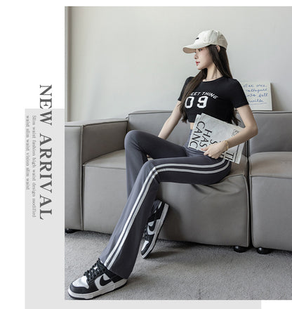 Plus Size Shark Bell Bottoms Spring Pants Women's Outer Wear Boot-Cut Pants Shark Pants High Waist Slim Side White Striped Women's Pants