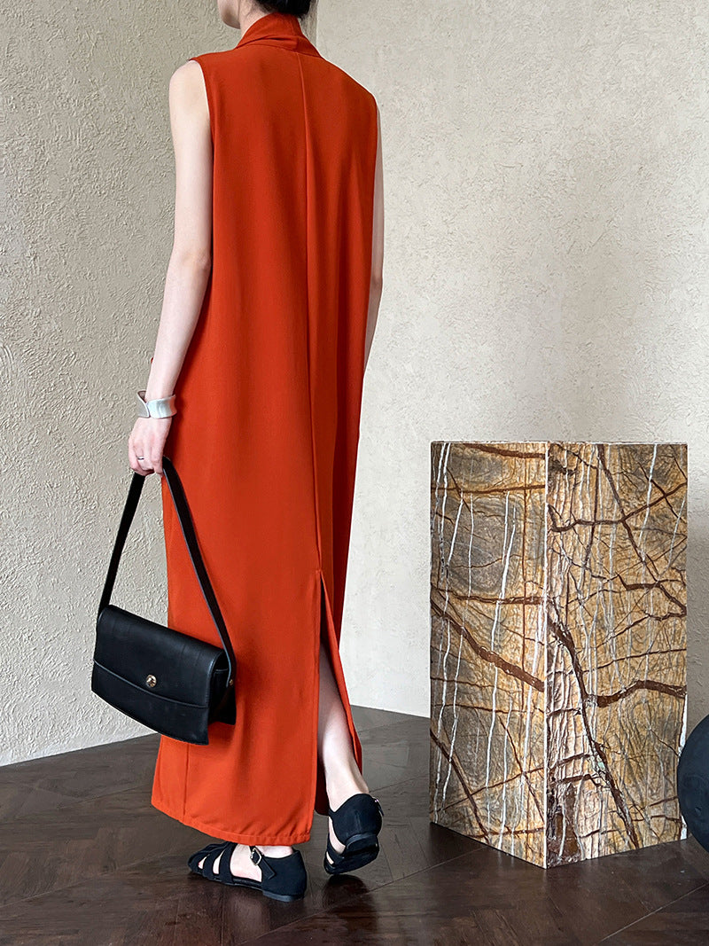Luxi Elegant V-neck Sleeveless Kink Waist dress Women's Slimming Irregular High-end Hong Kong-style Long Skirt 3985