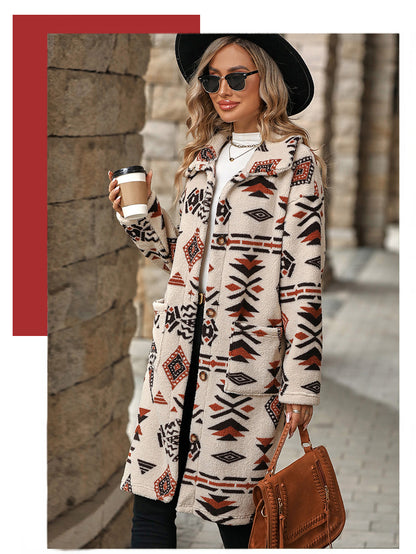Flash velvet 2023 cross-border autumn and winter new European and American women's single-breasted ethnic style printed plush long coat coat
