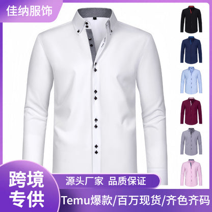 Cross-Border Four-Way Stretch Men's Shirt Polka Dot Color Matching Design Double-Breasted Shirt Men's Amazon Hot Style