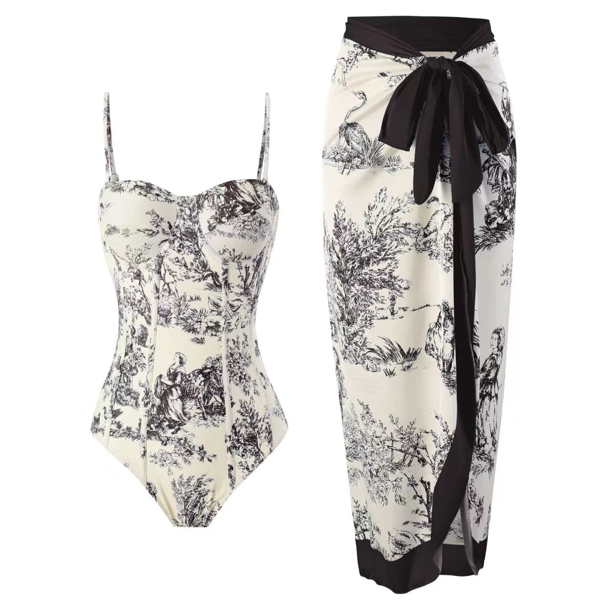 Women’s Retro Tie-Up One-Piece Swimsuit with Sun-Protection Long Skirt Set