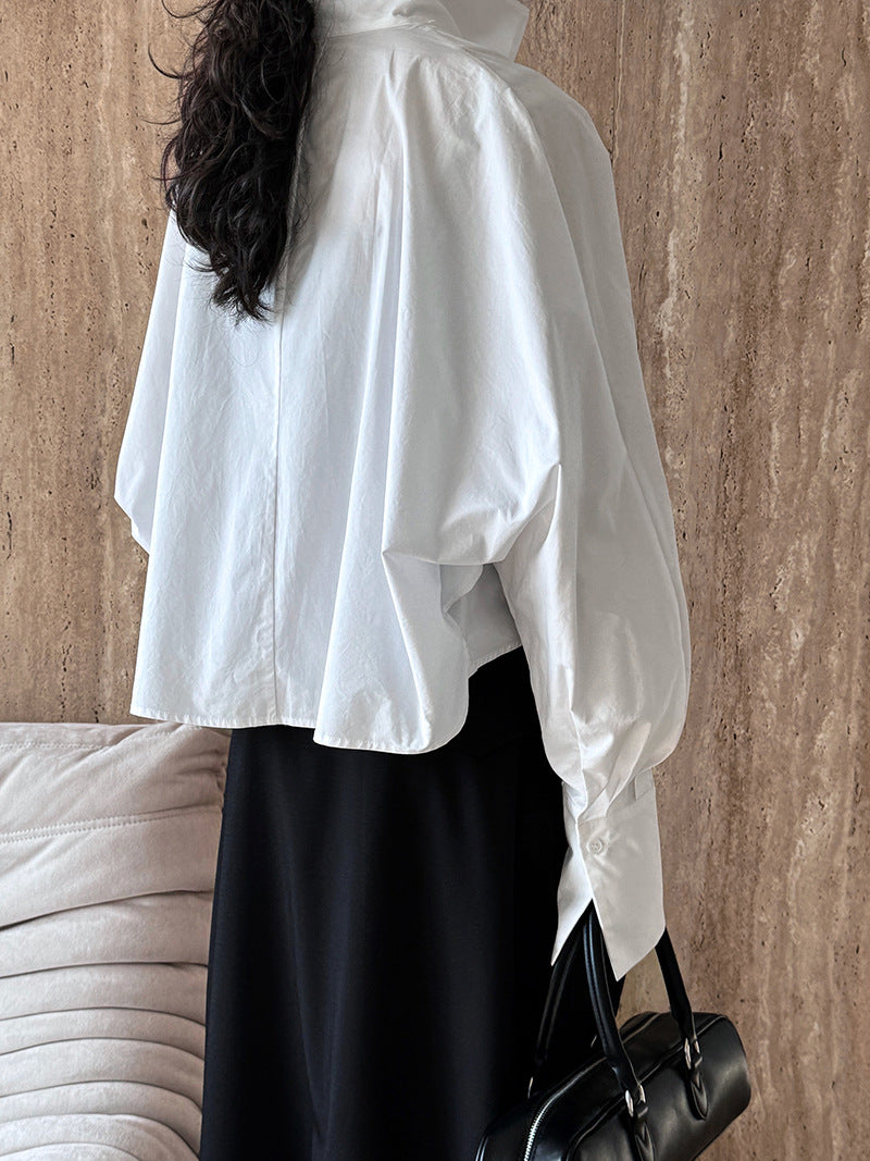 Luxi profile stacked stand collar deep V-neck white shirt Women's lazy batwing sleeve elegant large commuter shirt 9618