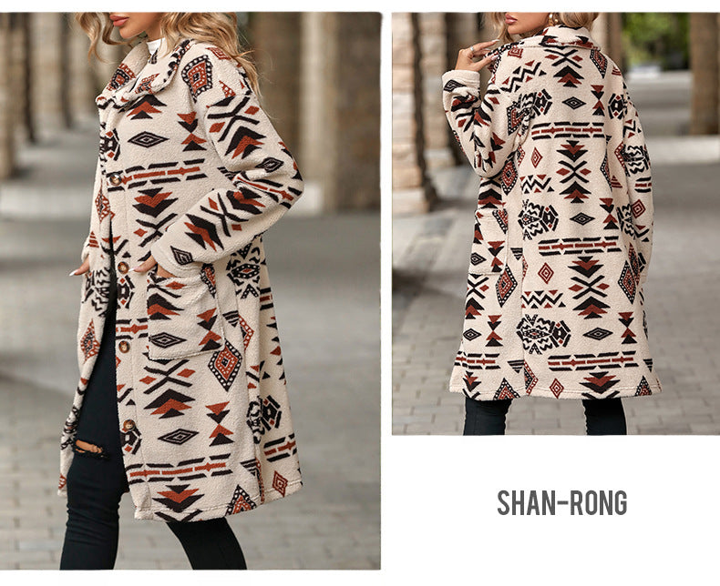 Flash velvet 2023 cross-border autumn and winter new European and American women's single-breasted ethnic style printed plush long coat coat