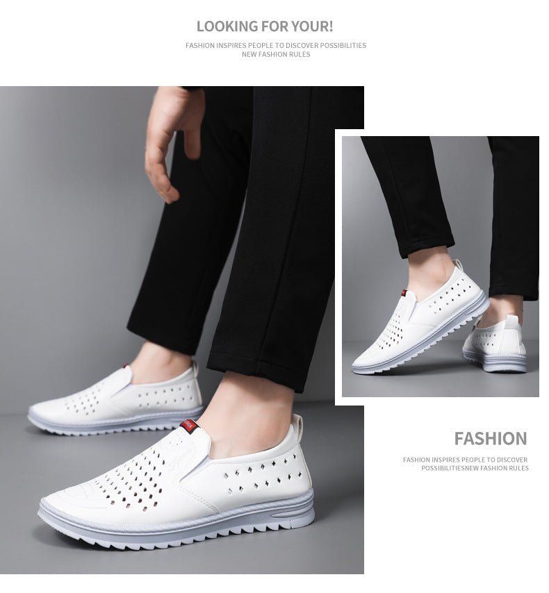 Men’s Breathable Leather Slip-On Shoes – Hollow-Out Perforated Summer Business Casual Loafers, Soft & Comfortable Low-Top Footwear