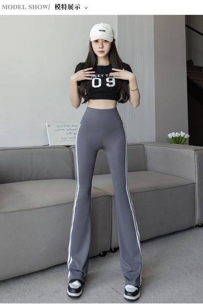 Plus Size Shark Bell Bottoms Spring Pants Women's Outer Wear Boot-Cut Pants Shark Pants High Waist Slim Side White Striped Women's Pants