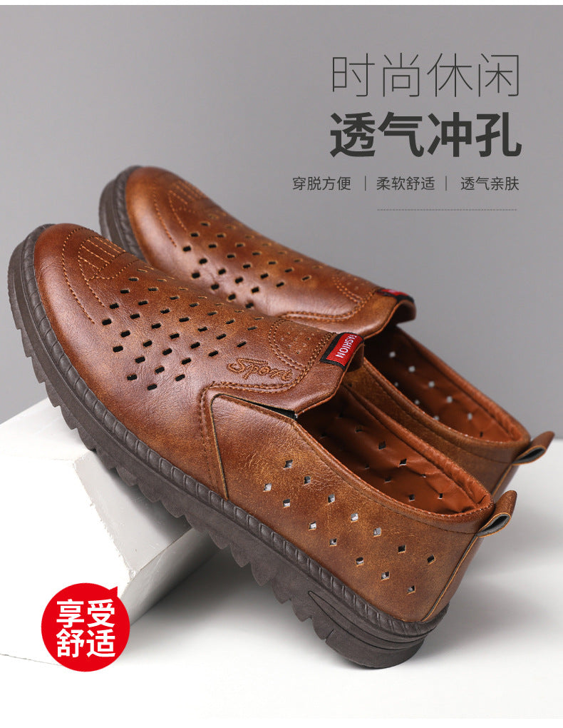 Men’s Breathable Leather Slip-On Shoes – Hollow-Out Perforated Summer Business Casual Loafers, Soft & Comfortable Low-Top Footwear