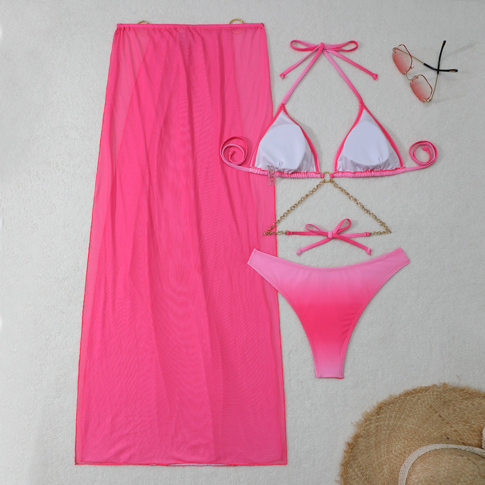 2025 European and American New Gradient Mesh Long Skirt Drawstring Strap Bikini Bikini Three-Piece Swimsuit Cross-Border