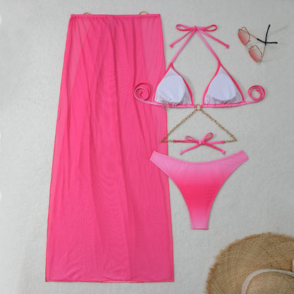 2025 European and American New Gradient Mesh Long Skirt Drawstring Strap Bikini Bikini Three-Piece Swimsuit Cross-Border