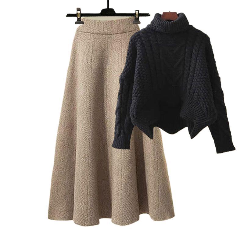 Autumn and Winter Women's Suit 2025 New Design High-Neck Knitted Sweater and Slimming Skirt Two-Piece Set