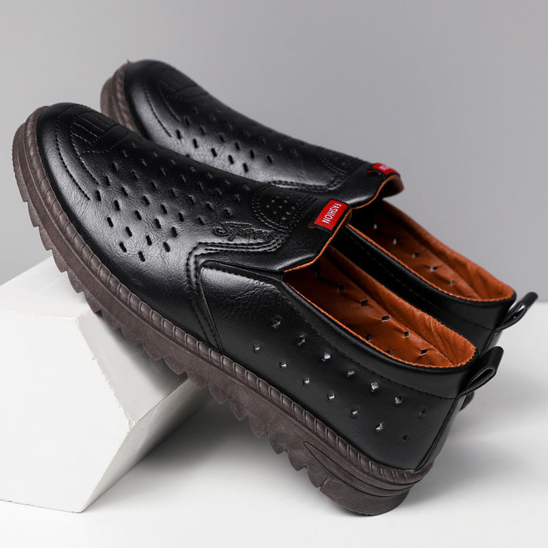 Men’s Breathable Leather Slip-On Shoes – Hollow-Out Perforated Summer Business Casual Loafers, Soft & Comfortable Low-Top Footwear