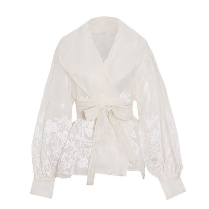 French-Style Elegant Printed Blouse 2026 Summer New Organza Large Lapel Lantern Sleeve Waist-Cinching Tie Shirt for Women