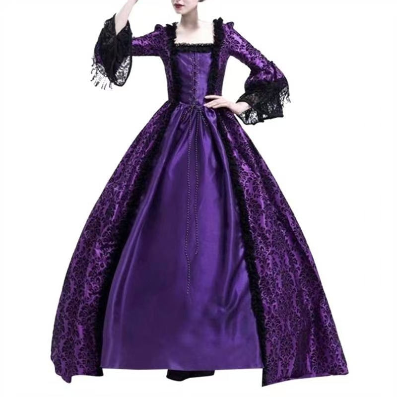 New Large Size Retro Palace Medieval Dress with Lace Splicing and Bell Sleeves for Women's Stage Performance, in Stock