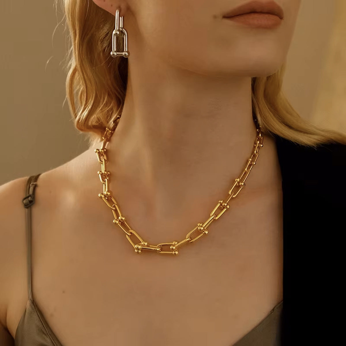 European and American Ins Style Internet Celebrity Jewelry U-Shaped Horseshoe Buckle Stainless Steel Necklace Women's Non-Fading Titanium Steel Bracelet Lock Earrings