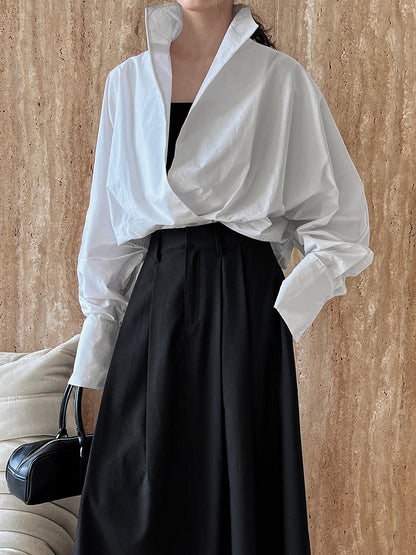Luxi profile stacked stand collar deep V-neck white shirt Women's lazy batwing sleeve elegant large commuter shirt 9618