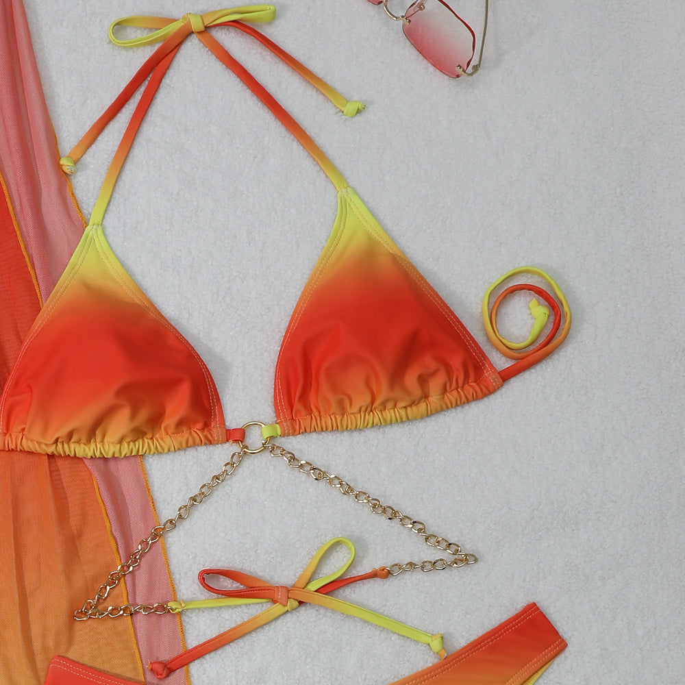 2025 European and American New Gradient Mesh Long Skirt Drawstring Strap Bikini Bikini Three-Piece Swimsuit Cross-Border