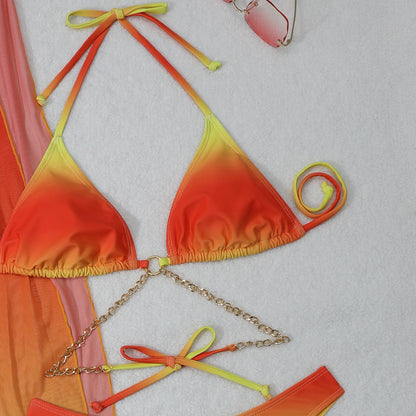 2025 European and American New Gradient Mesh Long Skirt Drawstring Strap Bikini Bikini Three-Piece Swimsuit Cross-Border