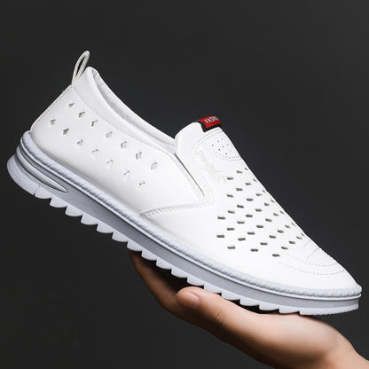 Men’s Breathable Leather Slip-On Shoes – Hollow-Out Perforated Summer Business Casual Loafers, Soft & Comfortable Low-Top Footwear